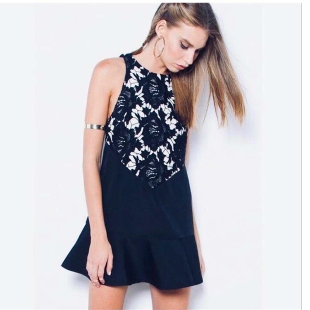 Keepsake Navy Waiting For You Lace Flounce Mini Dress